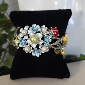 Vintage Silver Enamel Floral with Ladybug Clamper Hinge Bracelet